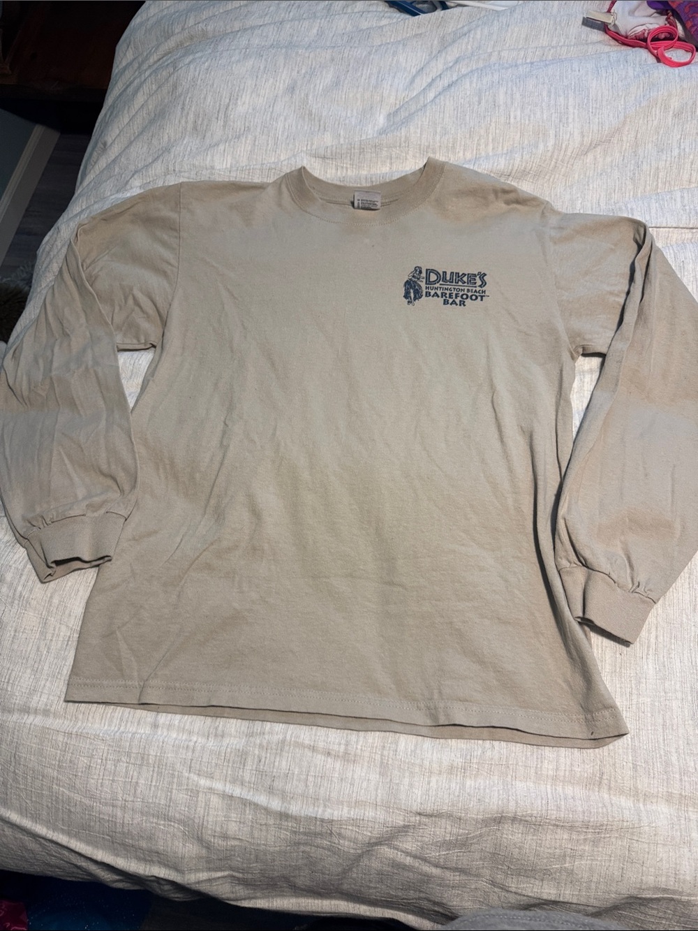Anvil Long Sleeve Crewneck Shirt - Tan with Navy Logo Dukes Huntington Beach